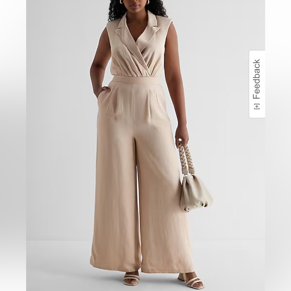 EXPRESS Linen-Blend Wide Leg Sleeveless Blazer Cream Khaki Jumpsuit XS